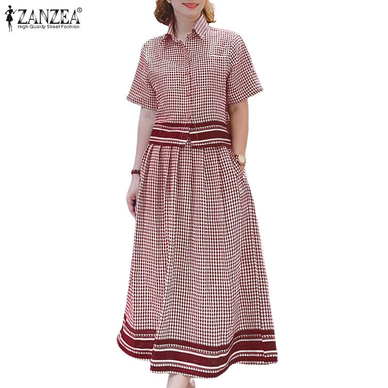ZANZEA Women Short Sleeve Blouse and Long Skirts Grid Print Two Piece Sets