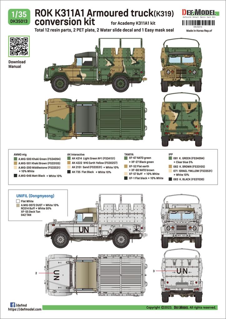 Def Model 1/35 Scale Modern Korean K311A1 Armored Truck (K319) Conversion Set (for Academy Use) Plastic Model Kit Parts DK35013