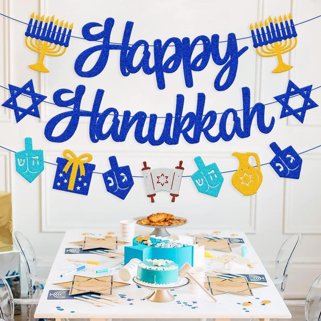 Happy Hanukkah Banner Chanukah Hanukkah Holiday Theme for Festival Wedding Baby Shower Birthday Party Supplies Glitter Blue Decorations