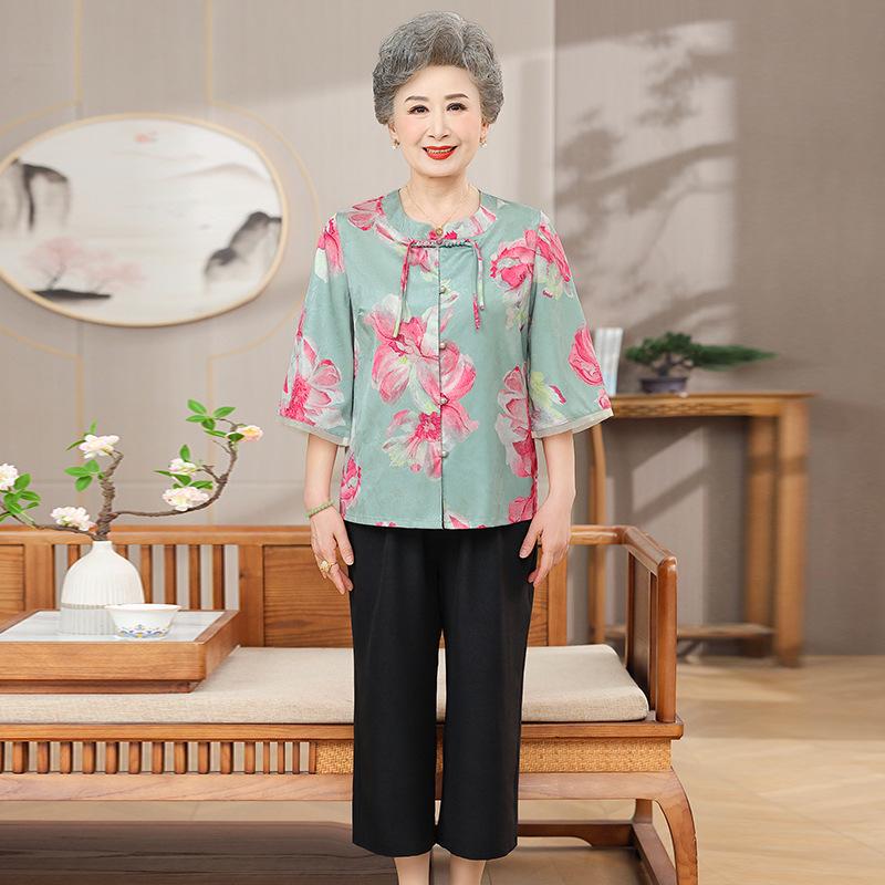 

2026 Floral Printed Daily Top: Elegant, Comfortable, Loose-Fit, Tummy-Covering Casual Spring Style for Moms 4XL (for 130-145 jin) зелёный