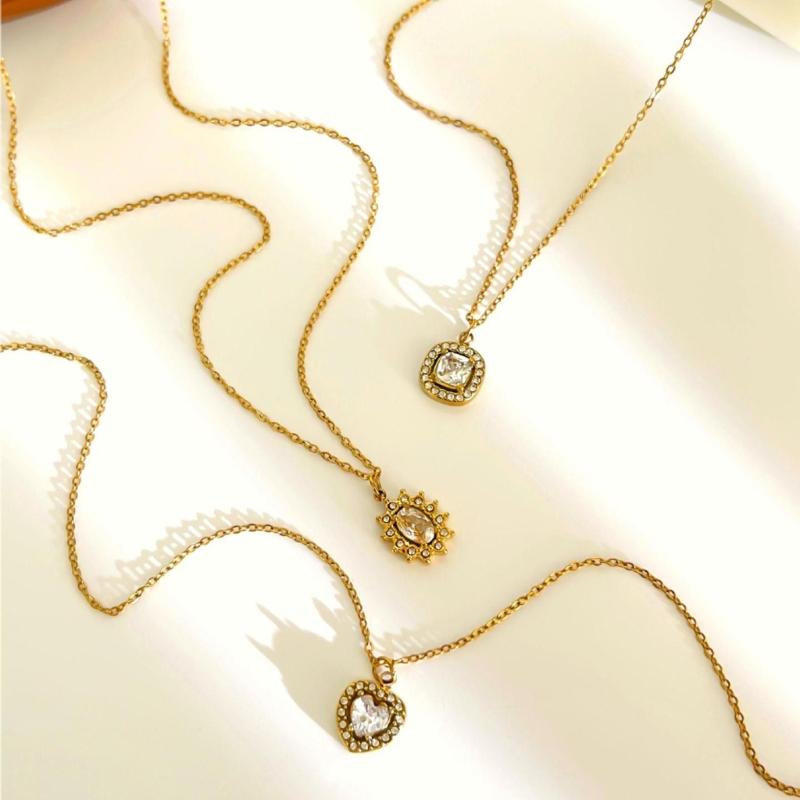 Versatile Geometric Charm Necklace With Sparkling Rhinestones Stainless Steel Clavicle Chain Adjustable Jewelry