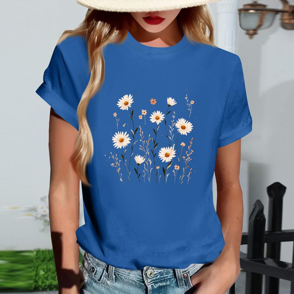 Damski modny T-shirt z krótkim rękawem z okrągłym dekoltem i casualowym nadrukiem retro