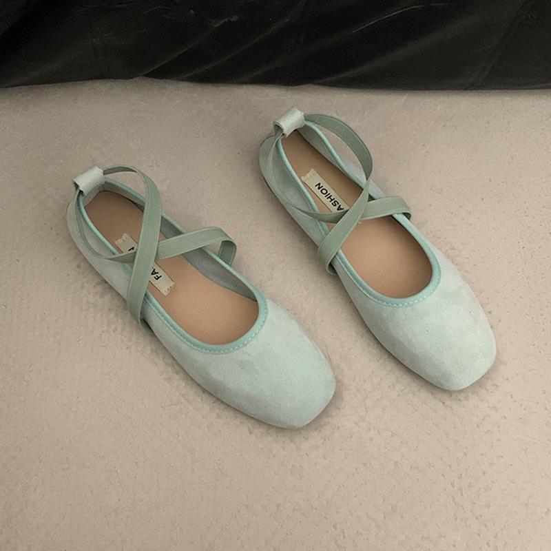 Fashion Spring Women Flats Shallow Mouth Square Toe Shoes Woman Casual Solid Color Soft Bottom Mary Jane Shoes Cross Strap Ballet Flat