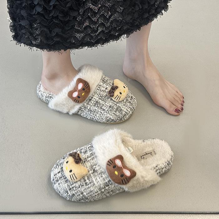2025 autumn and winter cotton slippers new fashion trend small fragrant plaid cotton slippers warm home wear women's