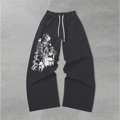 Übergroße Anime-Totenkopf-Print Weite Hosen | Amerikanische Streetwear Jogginghose mit Kordelzug | Trendige Marke Locker Geschnittene Fließende Bodenlange Hosen