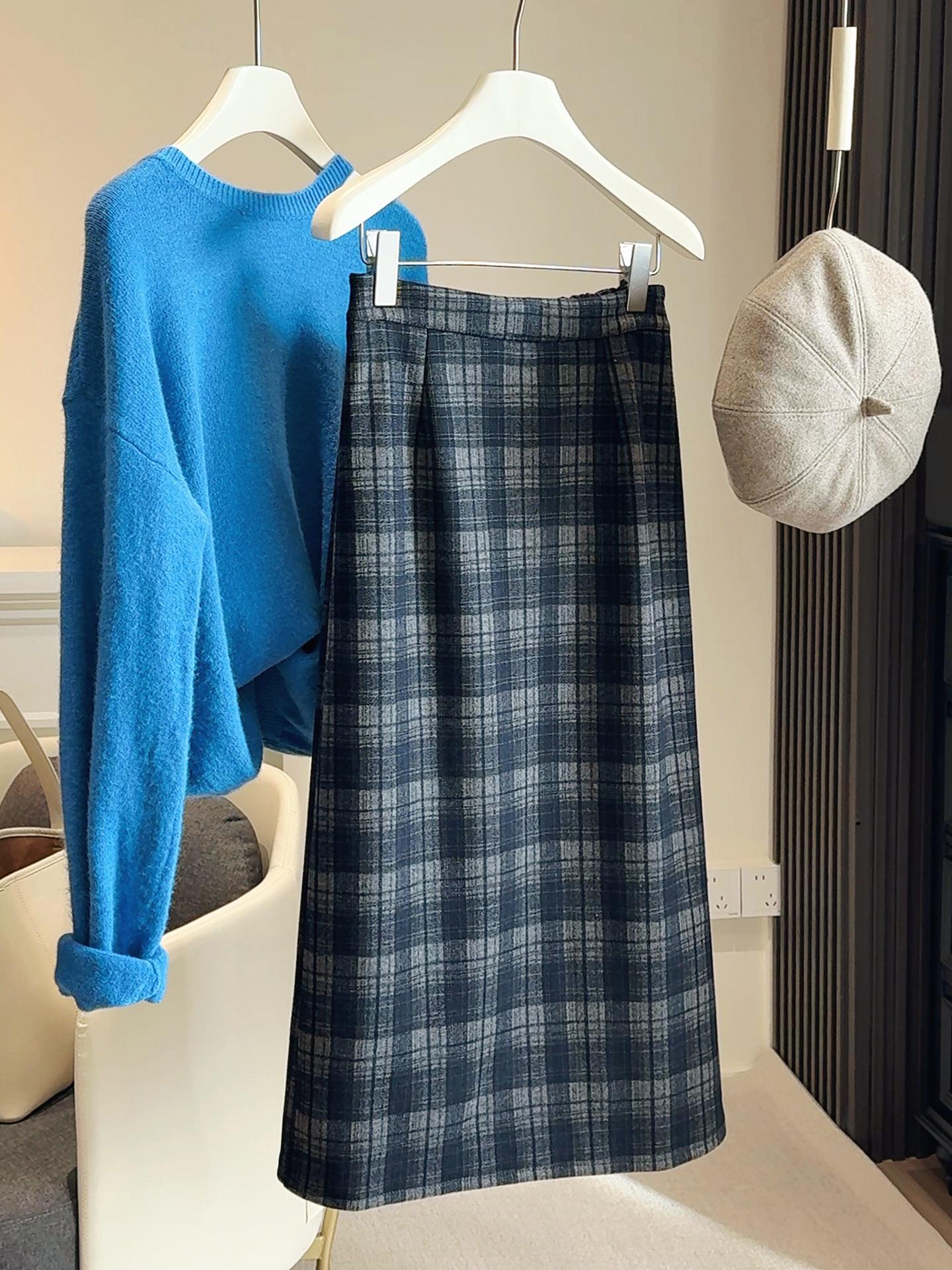 Women s Plaid Velvet Wool Midi Skirt - Slim Fit, Winter 2025 Collection Medium синий