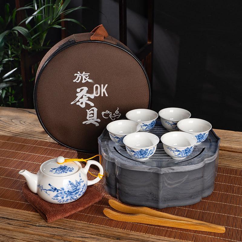 Portable Ceramic Kung Fu Tea Set with Tray, Cups, Teapot, and Lid Bowl