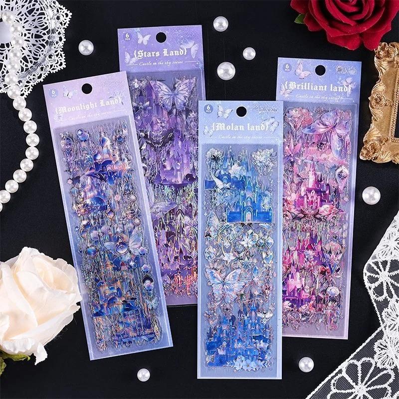 6 Blätter Laser Burg Aufkleber Klebeetiketten Dekorative Tagebuch Album Handgemacht DIY Scrapbooking Journal Notizbuch Collage Material