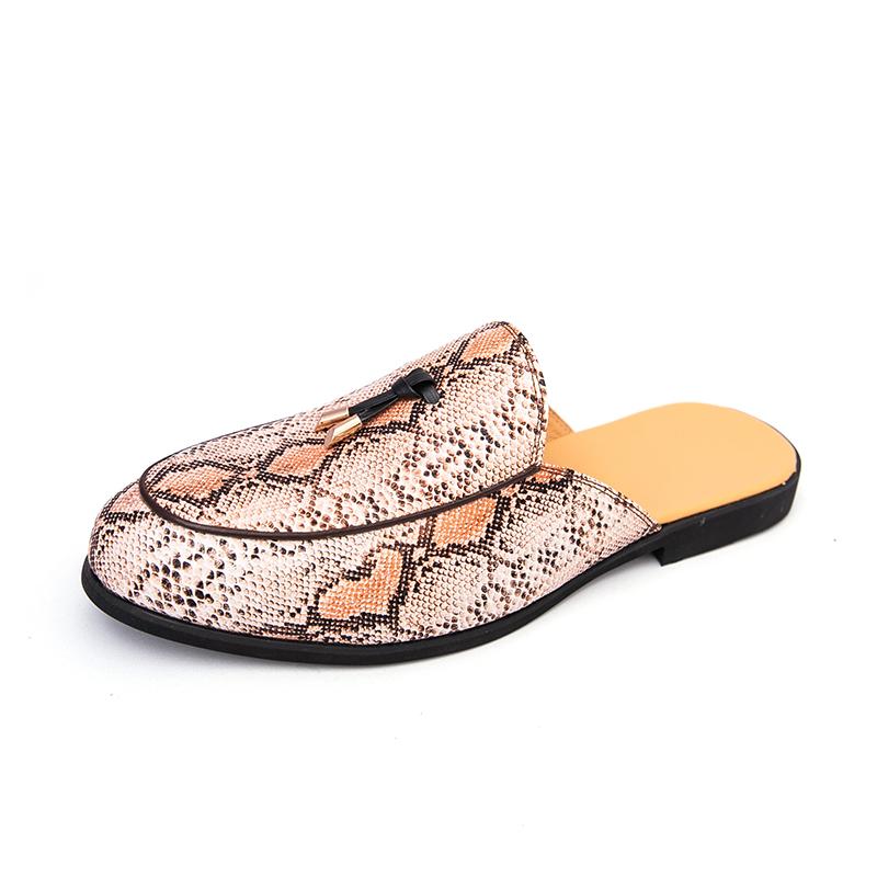 Fashion Men's Summer Snake Print Large Size Loafers Slip-On Mule Shoes Breathable Casual Leather Sandals Comfortable Flats Slippers