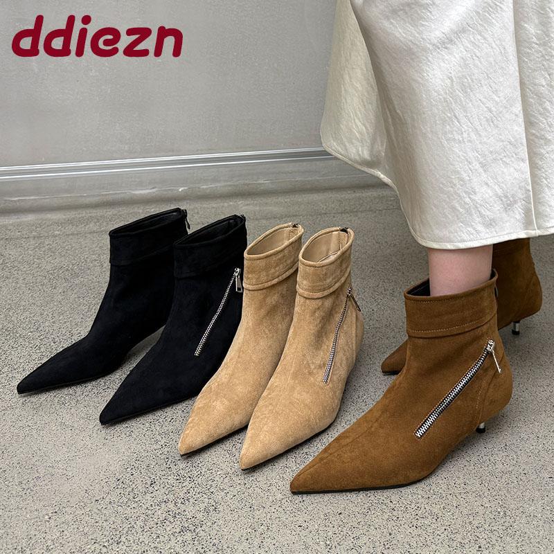Fashion Fashion Zippers Ladies Ankle Boots Shoes Female Pointed Toe Flock Women Modern Short Boots With Low Heel Shoes Pumps Lady
