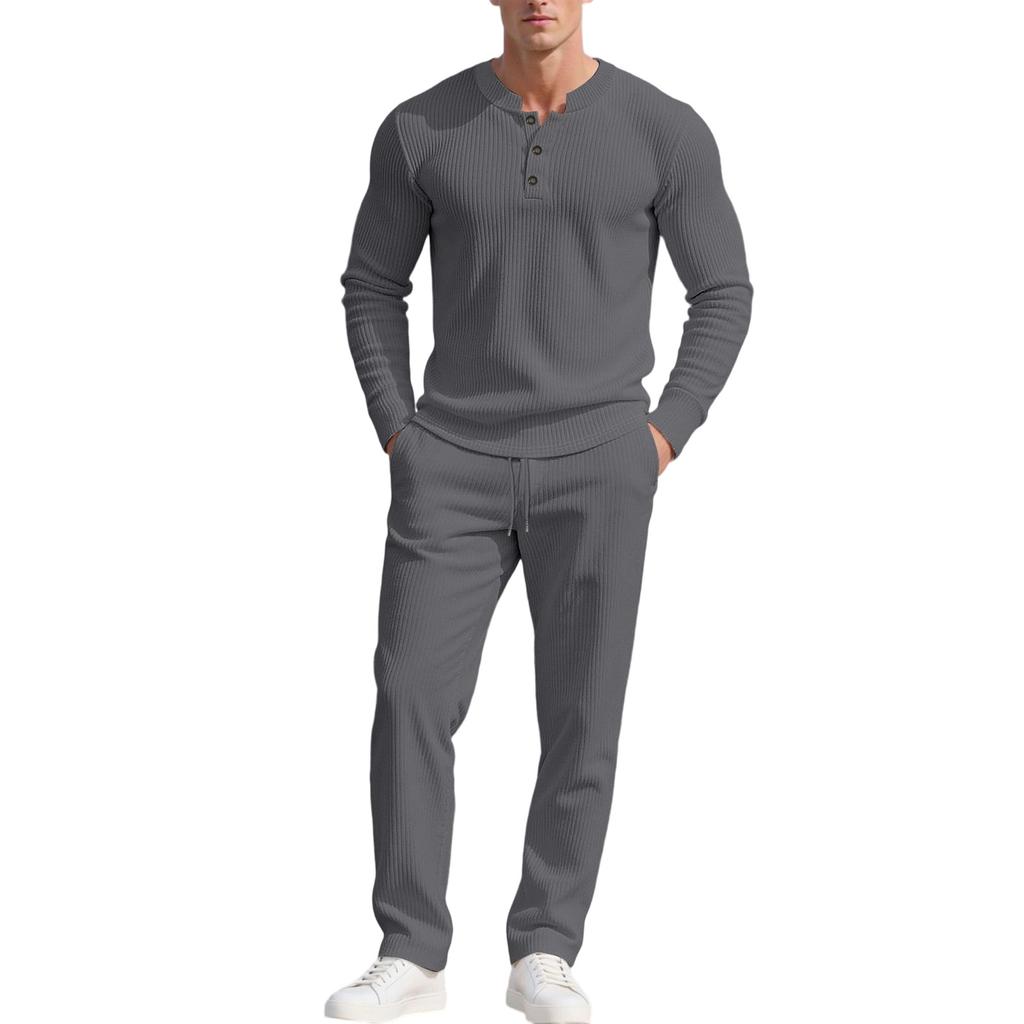 Men  Trend  Fashion  Leisure  Round Neck  Button  Upper Garment  Trousers  Set