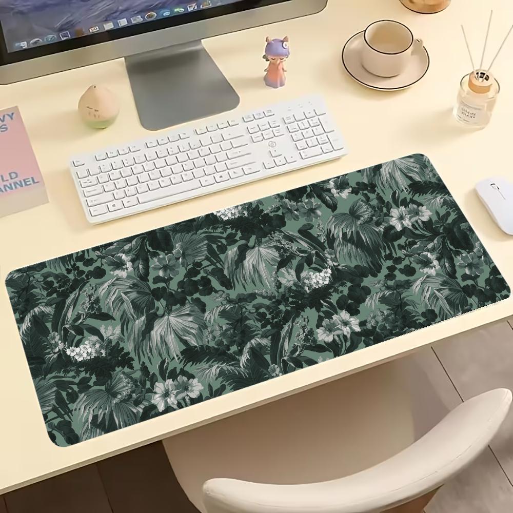 Dark Green Floral Extended Desk Mat Non Slip Rubber Stitched Edge Large Mousepad For Laptop Pc Office Desktop Gaming Arena