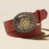 Cinturón de hebilla con relieve de flor roja retro, cinturón decorativo versátil para mujer con herraje de flor tridimensional estilo denim occidental