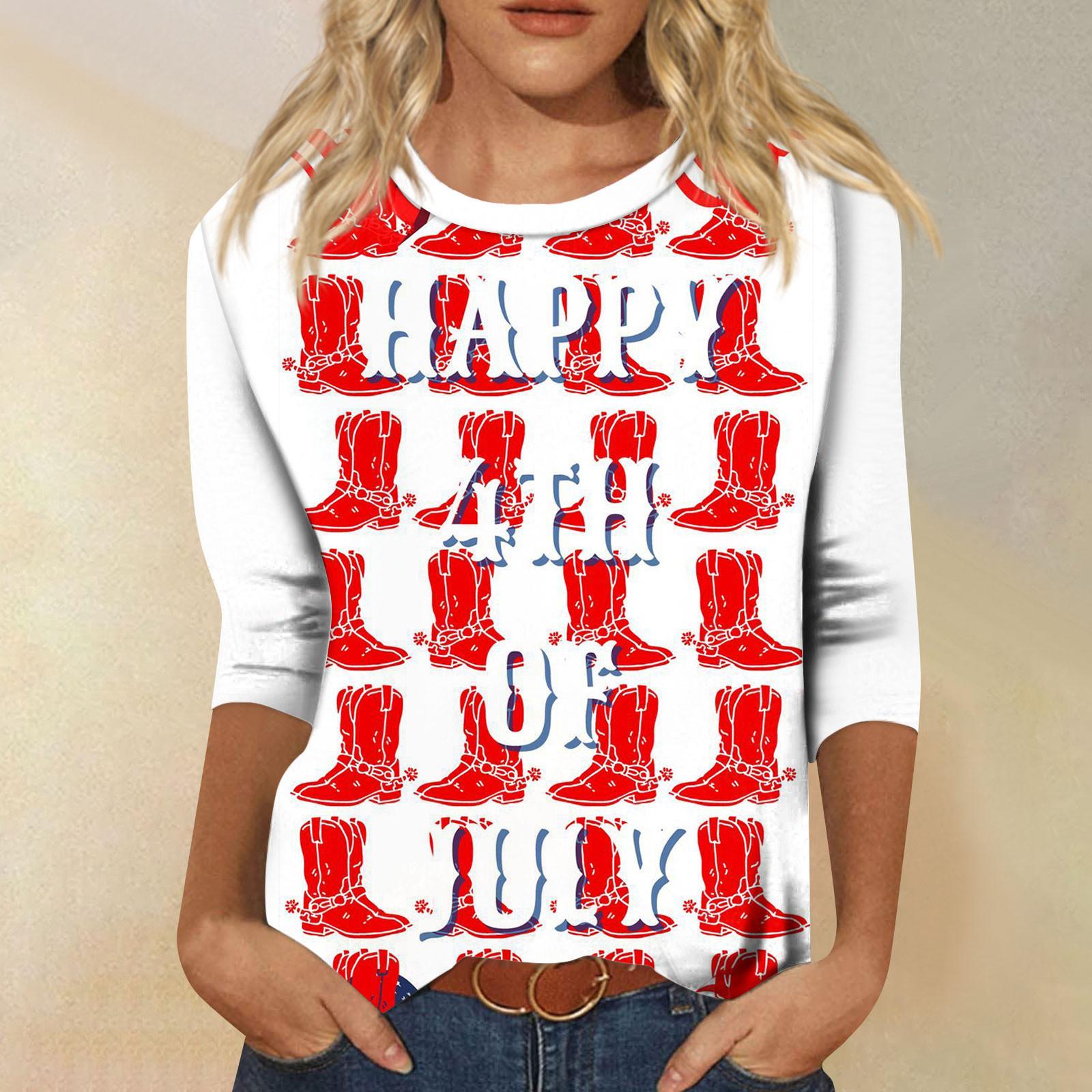 

Женская мода повседневный топ с круглым вырезом и принтом на День независимости с семью рукавами XL