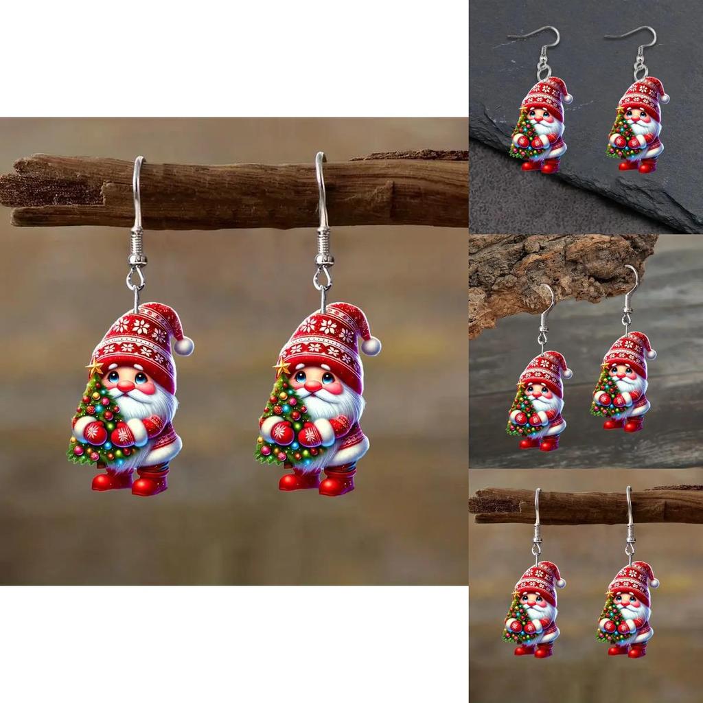 Christmas Themed Santa Claus Holding Tree Pattern Women Acrylic Earrings For Christmas Celebration Gift