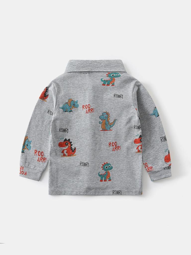 Pojkpolotröja med dinosaurieslag - Långärmad trendig topp med tecknat tryck (2026 Ny ankomst)