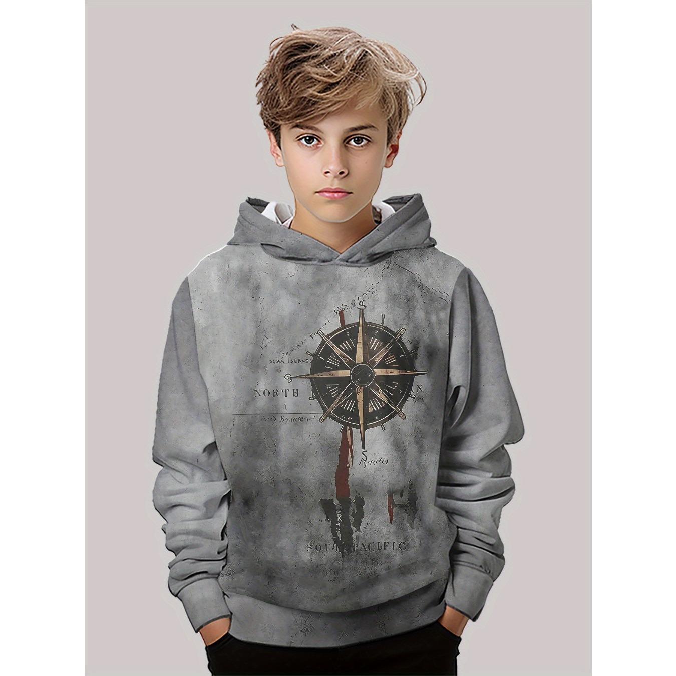 

Худи с 3D цифровой печатью в ретро стиле с рисунком карты и навигационного компаса, модная и трендовая повседневная детская одежда, подходит 13-14Y