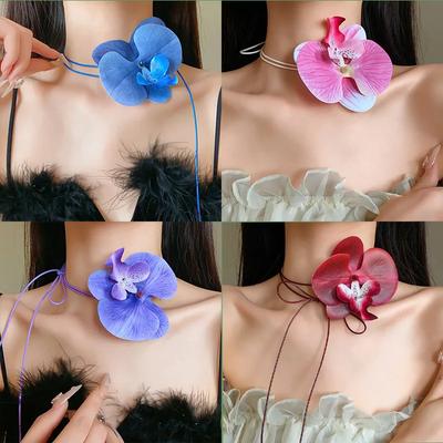 Elegant Large Butterfly Orchid Flower Necklace for Women Chain Jewelry On Neck Y2K Jewelry Party Holiday Gift