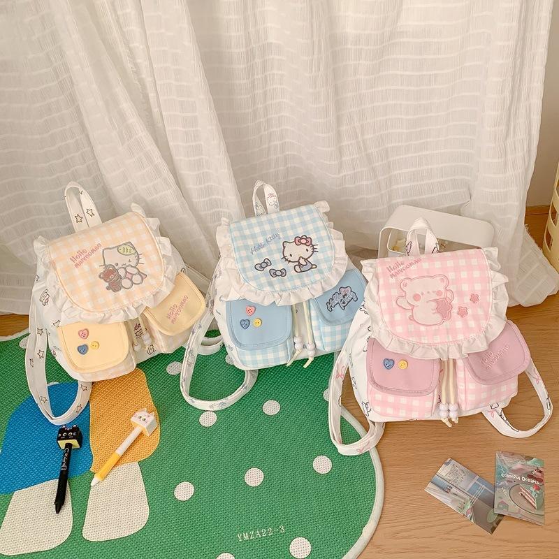 Schoolbag Cream Plaid Flip Backpack Girls Travel Bag Japanese Soft Girl Double Pocket Drawstring Mini Backpack