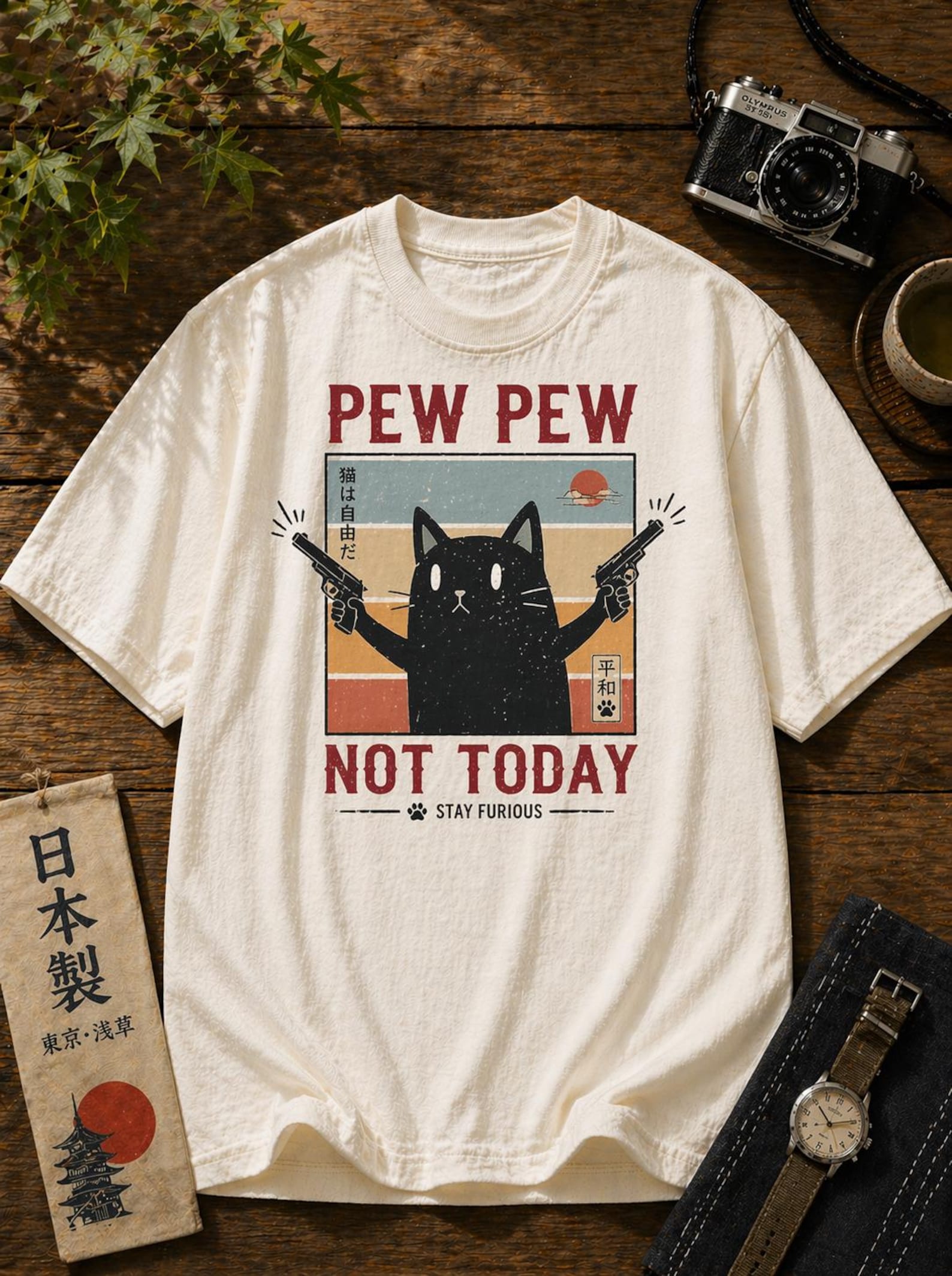 Pew Pew Cat Vintage Tee – Funny Retro Graphic Japanese Style Shirt S