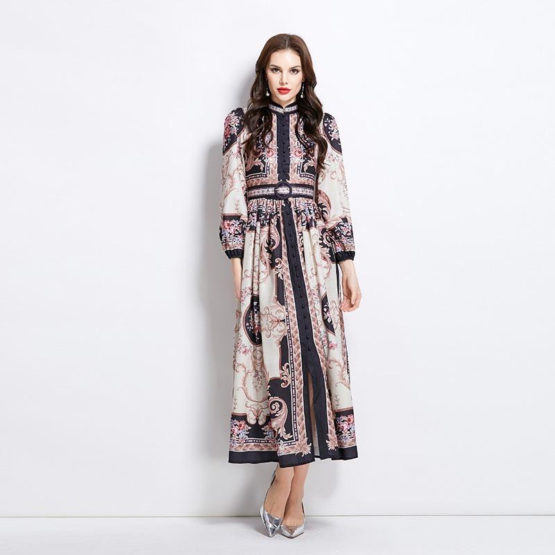 Summer Autumn Women Vintage Print Designer Runway Dress Stand Collar Single Breasted Long Maxi Holiday Party Dresses with Belt