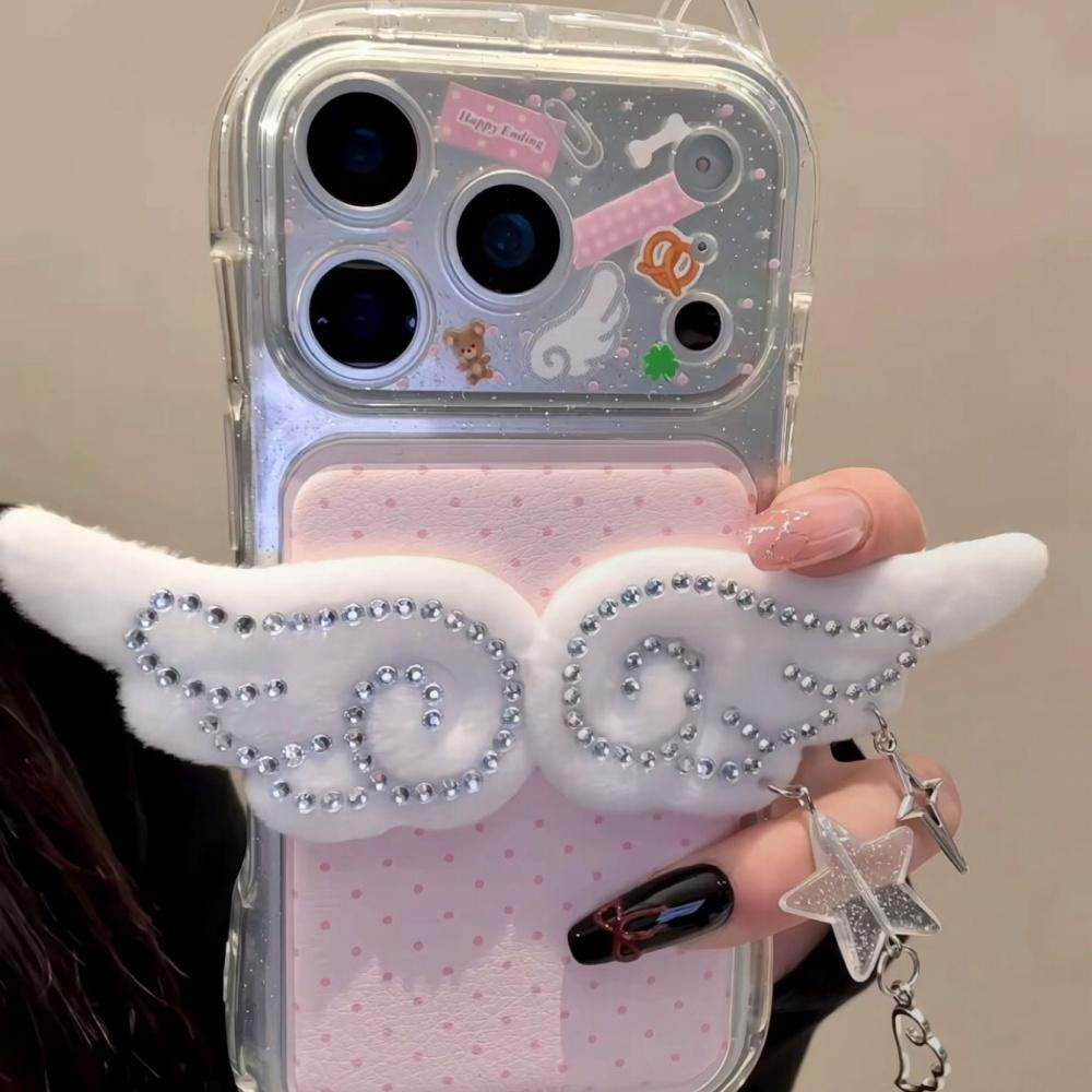 ins girl heart plush angel wings for apple 17 mobile phone case 17promax new iphone16pro women's 15 leather hard case