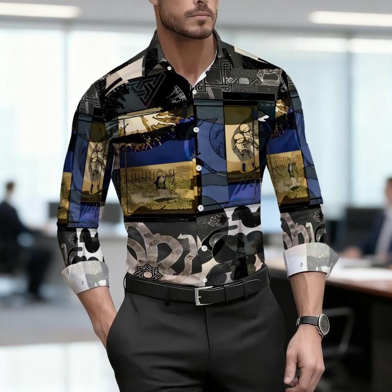 Men's Shirt with Geometric Block Print, Slim Fit, Business Commuting Long Sleeved Shirt, Spring and Autumn Trendy Casual Top