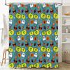 Halloween-Themed Shower Curtain With Colorful Pumpkins, Ghosts, Witches Hats Brooms On Teal Background For Bathroom Decoration W