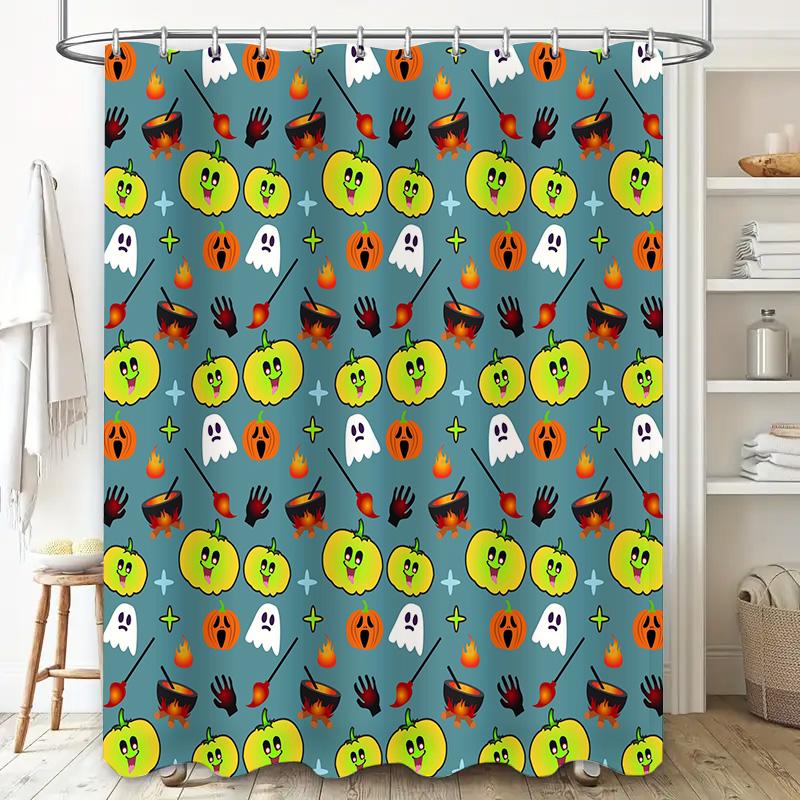 Halloween-Themed Shower Curtain With Colorful Pumpkins, Ghosts, Witches Hats Brooms On Teal Background For Bathroom Decoration W