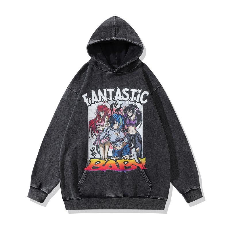 Japanese Animation Printed Hoodie Retro Washed Old Loose Heavy Hooded Sweater Jacket Men And Women