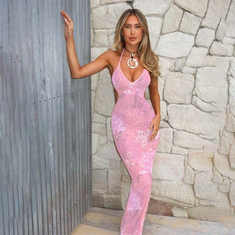 

Europe and America Cross Border New Women s Clothing Print Sling Deep V-neck Backless Fashion Sexy Sexy Hip-Wrapped Vacation One-Step Skirt Fashion Pink L