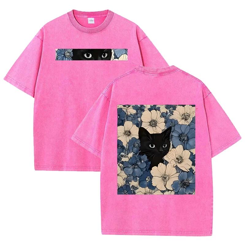 T-shirt Vintage Nera Lavata Gatto Floreale Stampa Double Face Streetwear Casual