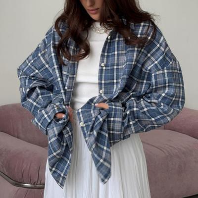 Camisa de Mujer Solapa Manga Larga Estampado de Cuadros Camisa Abrigo con Bolsillos de Solapa Botones de Simple Abotonadura Suelta
