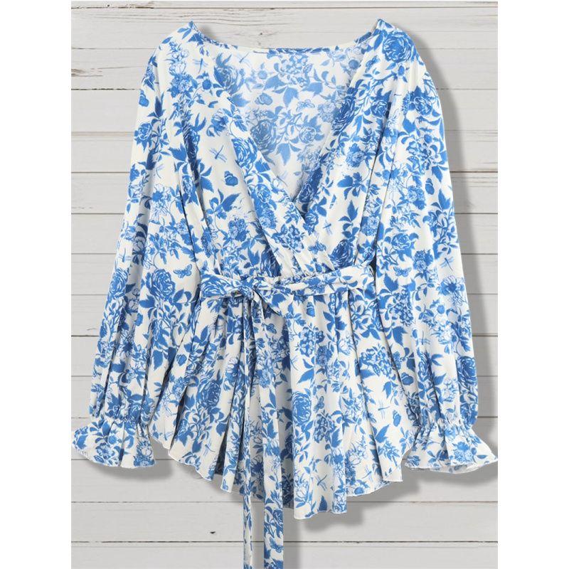 

XL-4XL Women Blouse Ladies Tops Print V-neck Lace-up Slim Looking Loose Shirt Top Female Blue 4XL