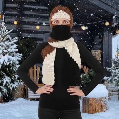 Yousheng Knitted Hat Tri-Color Cat Design Warm Crochet Winter Scarf Hat Outdoor Activities Headgear Fashionable Accessories