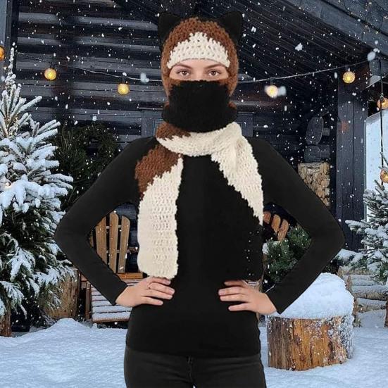 Yousheng Knitted Hat Tri-Color Cat Design Warm Crochet Winter Scarf Hat Outdoor Activities Headgear Fashionable Accessories