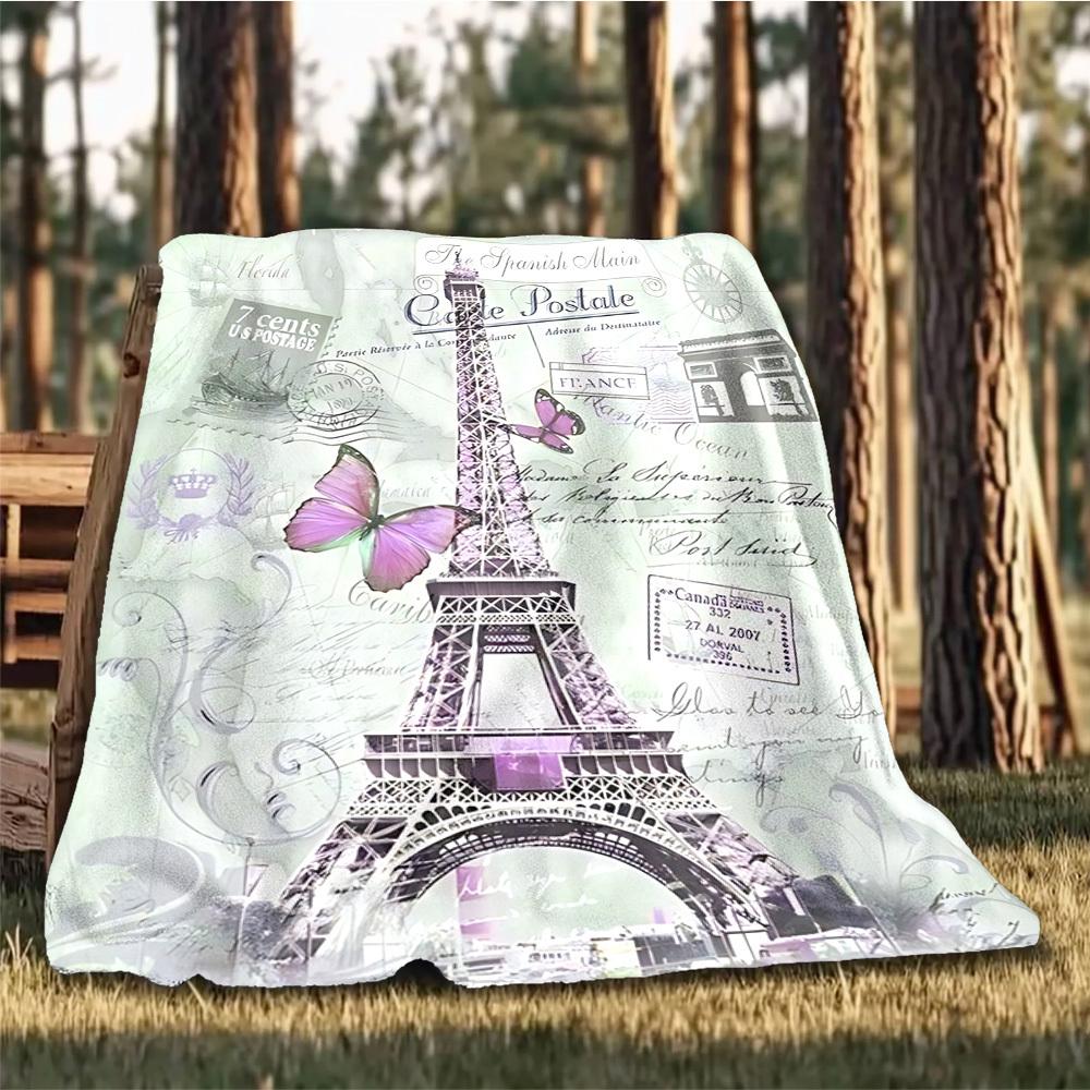 1pc Eiffel Tower Print Outdoor Blanket, Lightweight Polyester,