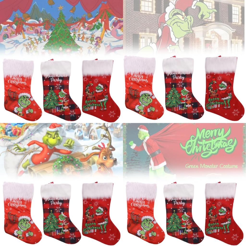 Plush Grinch Christmas Stocking Cozy Gift Bag For Kids Holiday Candy Holder
