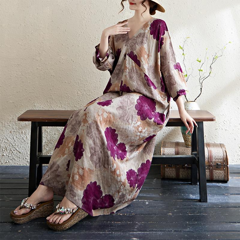 DIMANAF 2025 Women Plus Size Long Dress Loose Printing Vintage Casual Floral Oversize Long