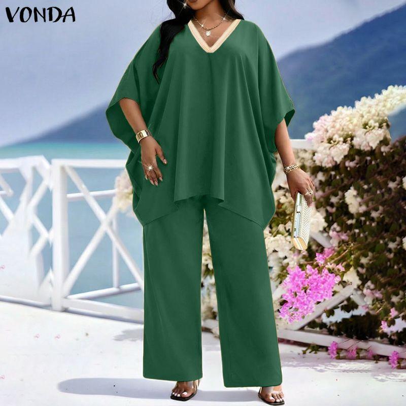 VONDA 2PCS Women Batwing Sleeve Blouse and Pants Casual Oversized Two Picecs Sets