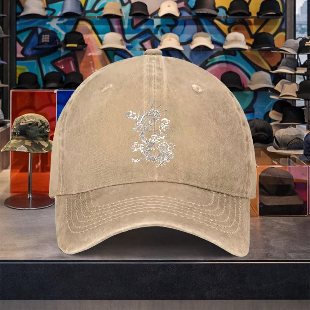Dragon Graphic Washed Cotton Baseball Cap Adjustable Distressed Retro Outdoor Unisex Cap