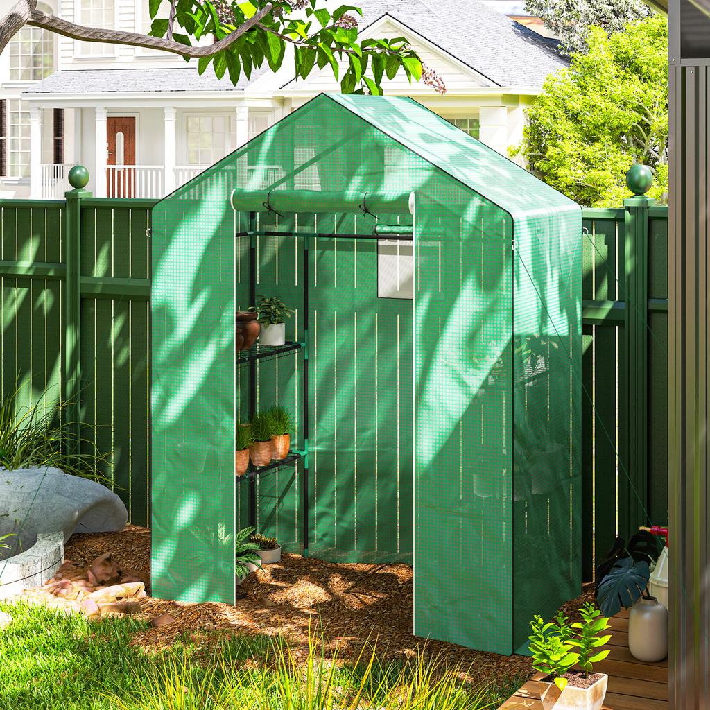 Greenhouse with Shelves, Mini Greenhouse, UV Resistant, Mesh Windows, Zip Door, 143L X 74W X 190H Cm, Green