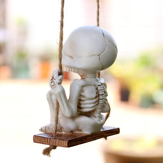 Skeleton And Ghost Cat Figurine Halloween Swing Skeleton Ornament Gothic Hanging Decoration for Car Rearview Mirror Home Halloween Party Decor