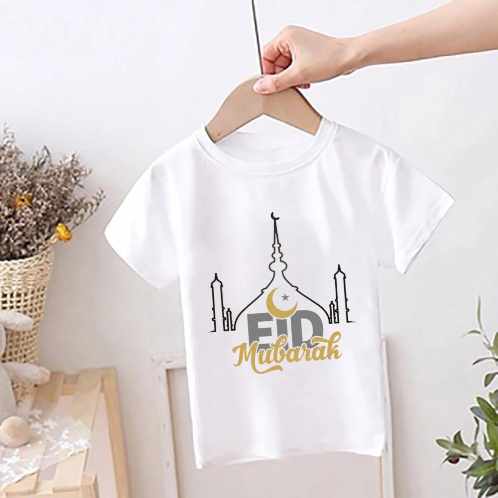 

Pure Cotton Children s T-shirt 2026 Summer New Eid Al Fitr Cartoon Printed Parent-child Outfit Men s and Women s Short Sleeves 110