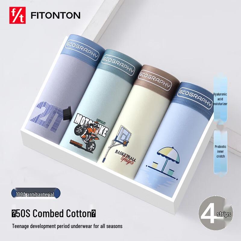 FitonTon Teen Boys' Pure Cotton Antibacterial Boxer Briefs 4-Pack
