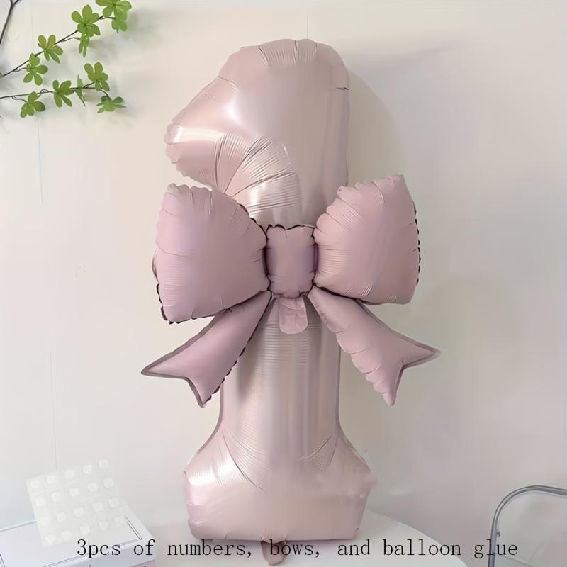 Complete Party Decor Set 3pcs - Light Pink Number Balloon, Bow & Stickers for Birthday, Anniversary & Festival Backdrop
