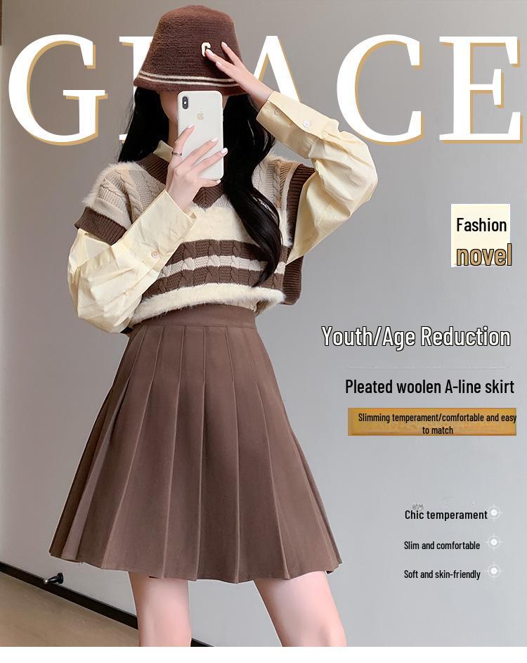 High-Waist Wool Pleated A-Line Skirt with Pockets - Slim Fit, Large Sizes for Autumn & Winter