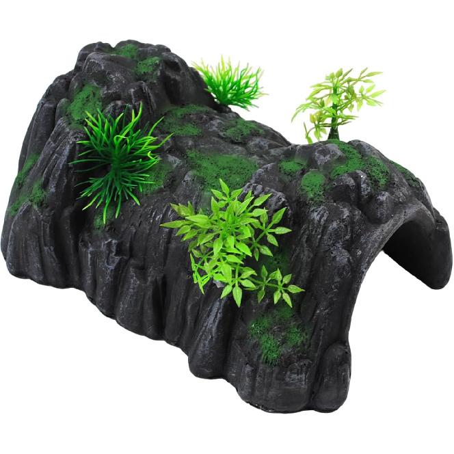Fish Tank Hideout Cave Decor,Resin Rock Mountain Tunnel with Moss Plants Betta Cichlid Habitat Shelter for Aquarium Fish Tank Accessories 9.5 x 6 x 4