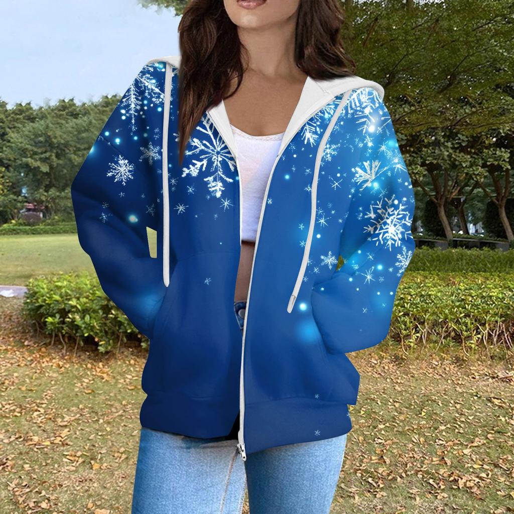 Women's Fashion Casual Christmas Print Long Sleeve Sweatshirt Pocket Jacket Zipper Hoodie Coat