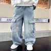 School Boys Casual Cargo Jeans with Pocket Preppy Loose Style Teenage Child Denim Pants High Fashion Kids Jeans Trousers